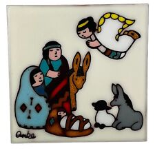 Native American Christmas Trivet Ceramic Tile Art Signed Nacimientos Nativity picture
