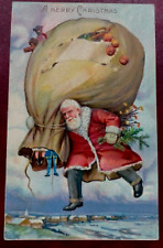 Santa Claus with Giant Sack Full of Toys~Fruit~Antique Christmas Postcard~k302 picture