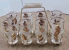 Vintage Libbey Golden Foliage 8 Glass 12 Ounce Tumbler Set with Metal Caddy picture