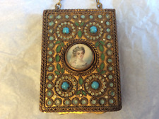 ANTIQUE FRENCH JEWELED ENAMEL FINGER RING H-P PORTRAIT UNDER GLASS COMPACT picture
