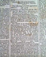 SEPARATION OF MAINE from Massachusetts States Procalamation Act 1819 Newspaper picture