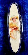 Antiq. Novelty Pocket Knife Beautiful Gibson Girl Illus. Gold Detail 2 Blades picture
