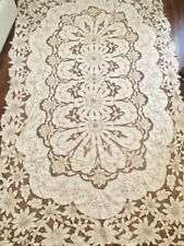 Vintage Antique Madeira Embroidered Cutwork White Linen Tablecloth 92x60 picture