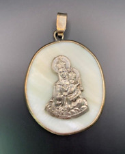 Vintage Sea Shell Silver Virgin Mary Religious Pendant Medal 90s picture