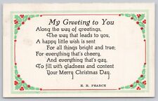 Postcard Christmas Greetings to You Poem by ER Pearce Posted 1921 picture