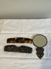 2-pc Antique Silvertone Repousse Comb and Mirror Set w/ Embossed Town Folk Scene picture