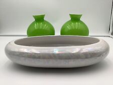 Vintage White Ceramic Iridescent Oblong Planter & A Set Of Lime Green Vases picture