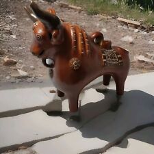 Vintage Mexican Clay Handpainted Bull Statue Folk Art Pottery Aztec Native picture
