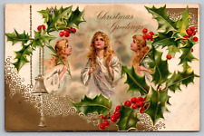 Christmas Greetings Antique Embossed Postcard c1906 w/ Depiction of Angels picture