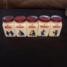 5 Vintage Milk Glass Spice Shakers Red Lids Original Label Franks Dove picture