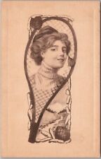 c1910s WINTER SPORTS Postcard Pretty Girl's Face on SNOWSHOE 