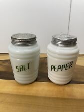 Vintage Hazel Atlas Beehive Milk Glass Green Lettering Salt & Pepper Shakers picture