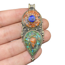 A VERY OLD ANTIQUE TIBETAN MIX SILVER VINTAGE PENDANT WITH NATURAL STONES picture