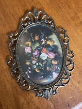 10” Vintage Oval Metal Wall Frame Floral Picture Convex Bubble Glass Italy Made picture