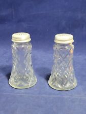 Vintage 1960s Clear Diamond Glass Salt & Pepper Shakers Metal Lids picture