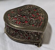 Vintage Heart Trinket Jewelry Box Silver Tone Metal Cut Away Floral Tri Footed picture