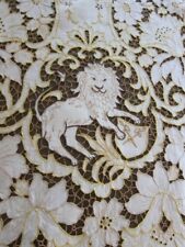 AMAZING Antique Madeira Cream Tablecloth & 12 Napkin  LIONS w/SHIELD  102 X 65 picture