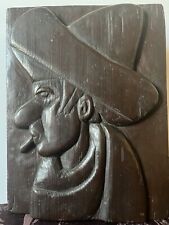 MCM Hand Carve Wood 3D Relief Plaque Mexican Man Sombrero Smoking Cigar Signed picture