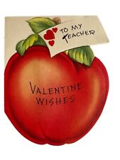 Vintage MCM 1940s Ephemera  Valentine Card Die Cut To Teacher Apple A Meri Card picture