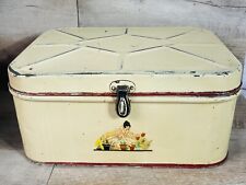 1950’s Metal Picnic Tin Box Lady With Flowers Tan Red 13.5” L 9 3/4” H picture