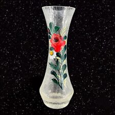 Tall Clear Crackled Finish Art Glass Vase Painted Red Flower Vintage Glass Vase picture