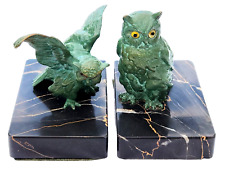 2 Antique Austrian Cold Painted Bronze Owl Sculptures Marble Bases Paperweights  picture