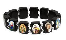 Saints Bracelet, Black Wood Beads Catholic Religious Icons Silver Tone Spacer picture
