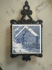 Vintage CURRIER & IVES Blue Tile Cast Iron Trivet~ The Old Homestead In Winter picture