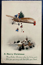 Rare ~Blue Santa Claus Throws Toys from Airplane~ 1912 German Christmas Postcard picture