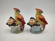 Pair of Vintage Lusterware 6 Hole Floral Frogs Parrot Cockatoo Figurines Japan picture