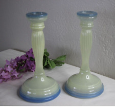 VTG Pair Blue and Cream Colored Candle Sticks Candleholders Ribbed RARE picture