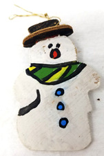 Green Scarf Snowman Christmas Ornament Handmade Wood Hand Painted 1970 Vintage picture