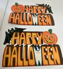 Vintage Set of 2 Halloween Pumpkin Bats Ghosts Paper Wall Sign Decor picture