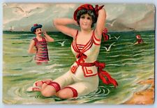 New Albin Iowa IA Postcard Beach Bathing Beauty Birds 1914 Posted Antique picture