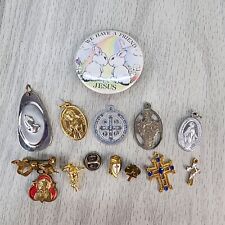 Vintage 12 Religious Charms Pendants Pins Mary Jesus Crosses Angels St Francesco picture