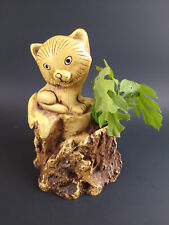 Vintage Cat on Stump Wood Looking  Light Weight Unique Kitsch Resin or Syroco picture