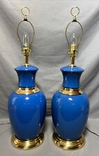 Vintage Pair of Mid Century Blue Glass & Gold Metal Ginger Jar Urn Table Lamps picture