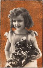 Vintage 1910s European Greetings Postcard Little Girl / Basket of Flowers UNUSED picture