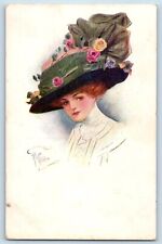 Artist Signed Postcard Pretty Woman Big Hat With Flowers Lake Crystal MN 1911 picture