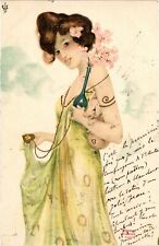 KIRCHNER ARTIST SIGN LADY WITH SHAMROCK LOCK ART NOUVEAU PC E22-7 (b2668) picture