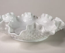 Fenton Bowl Milk Glass Hobnail Ruffled Crimped Edge Candy Dish Vintage picture