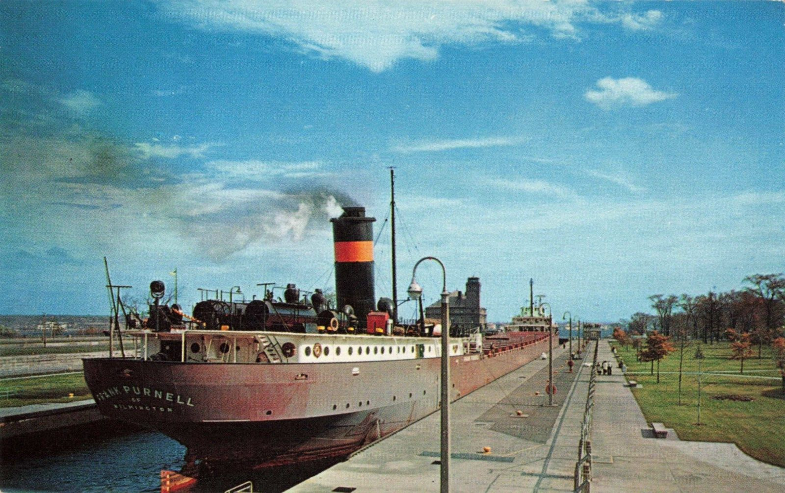 Sault Ste Marie MI, Soo Locks, Lake Huron Freighter, MacArthur Lock Vtg Postcard