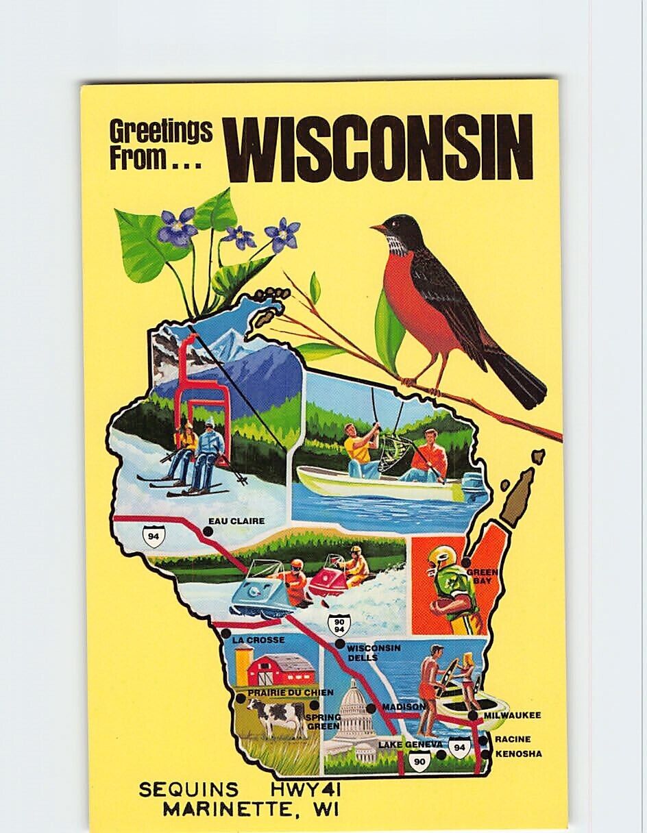 Postcard Wisconsin Map & Attractions Greetings from Wisconsin USA
