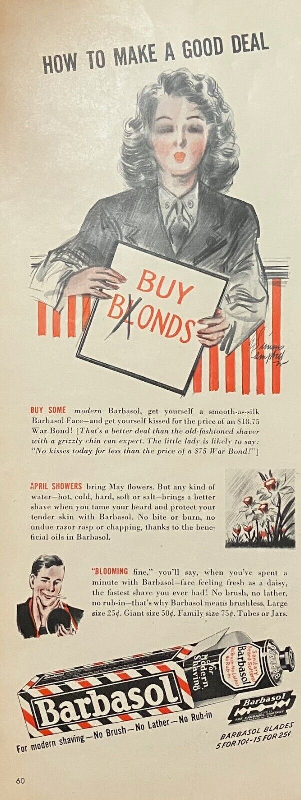 Rare 1940s Vintage Original Barbasol Shaving Cream Ad War Bonds Loans WW2 ERA