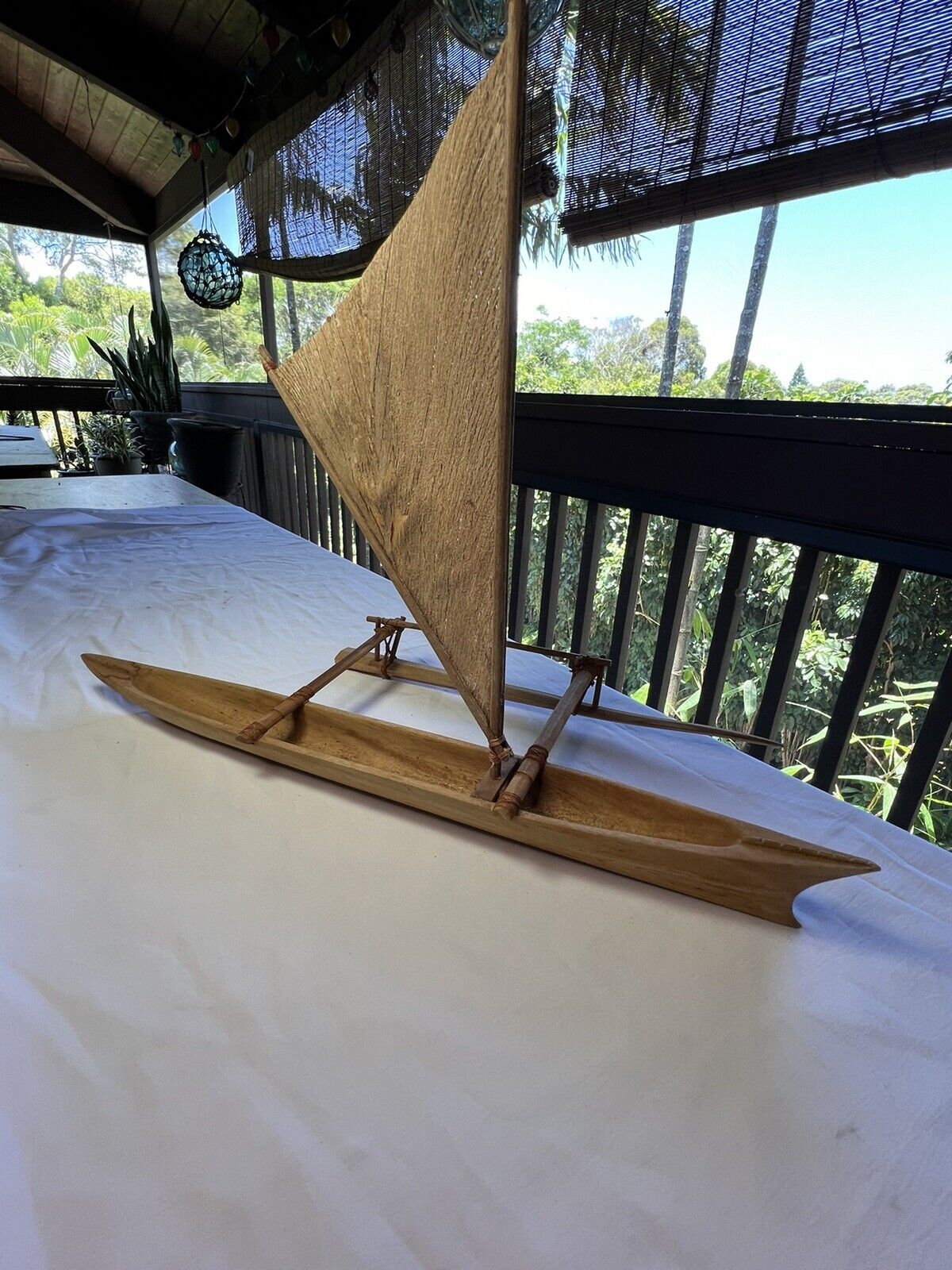 Vintage Hand Carved Wooden Polynesian Outrigger Canoe with  Bark Cloth Sail 19”L