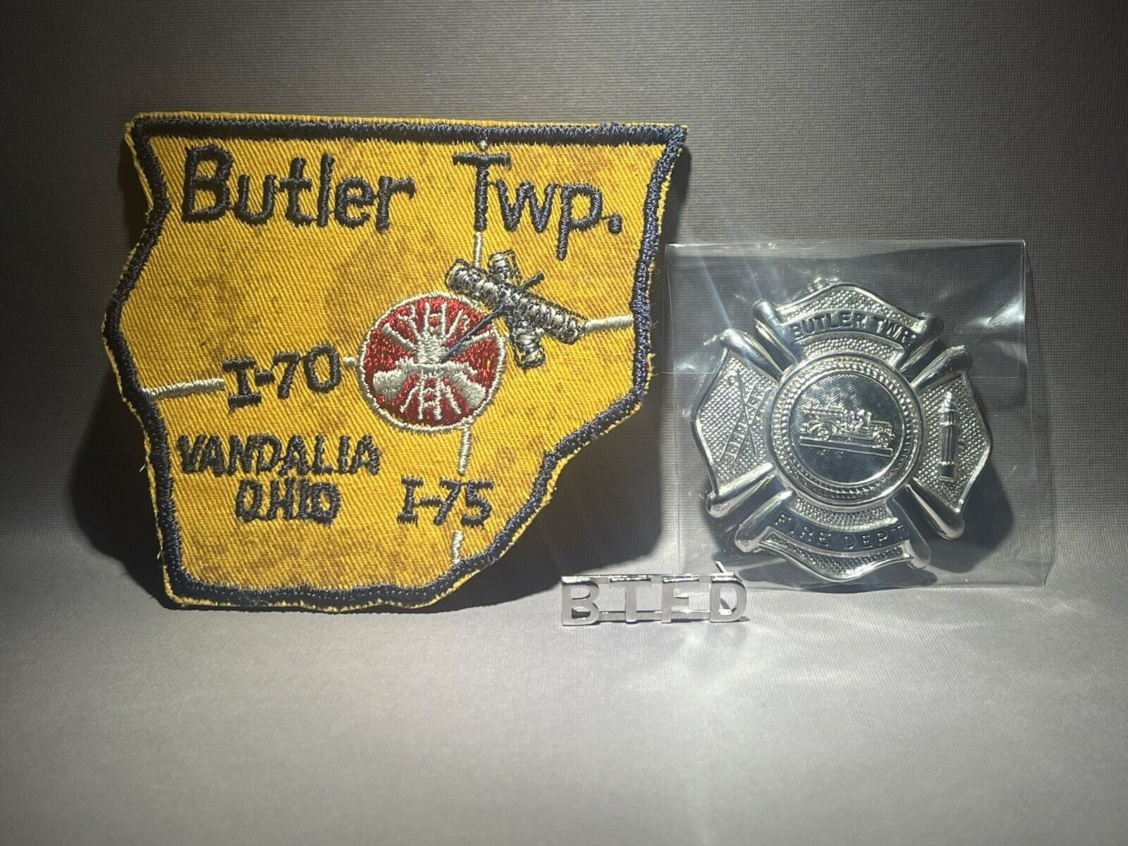 Rare Vintage Butler TWP Vandalia Ohio Firefighter Patch & Pins Authentic Metal