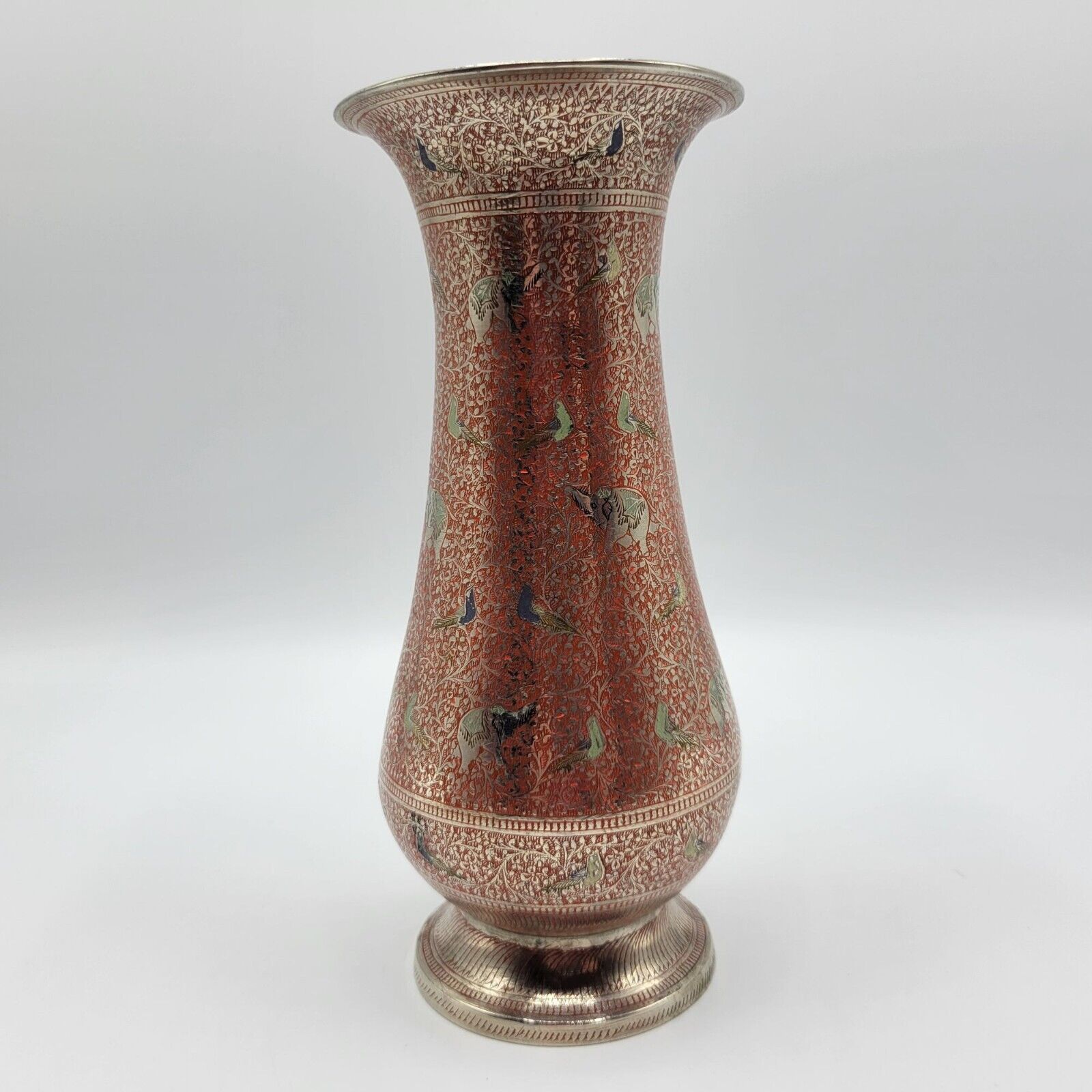 Vintage Handcrafted Etched Metal Vase With Bird & Elephant Design 7.75\
