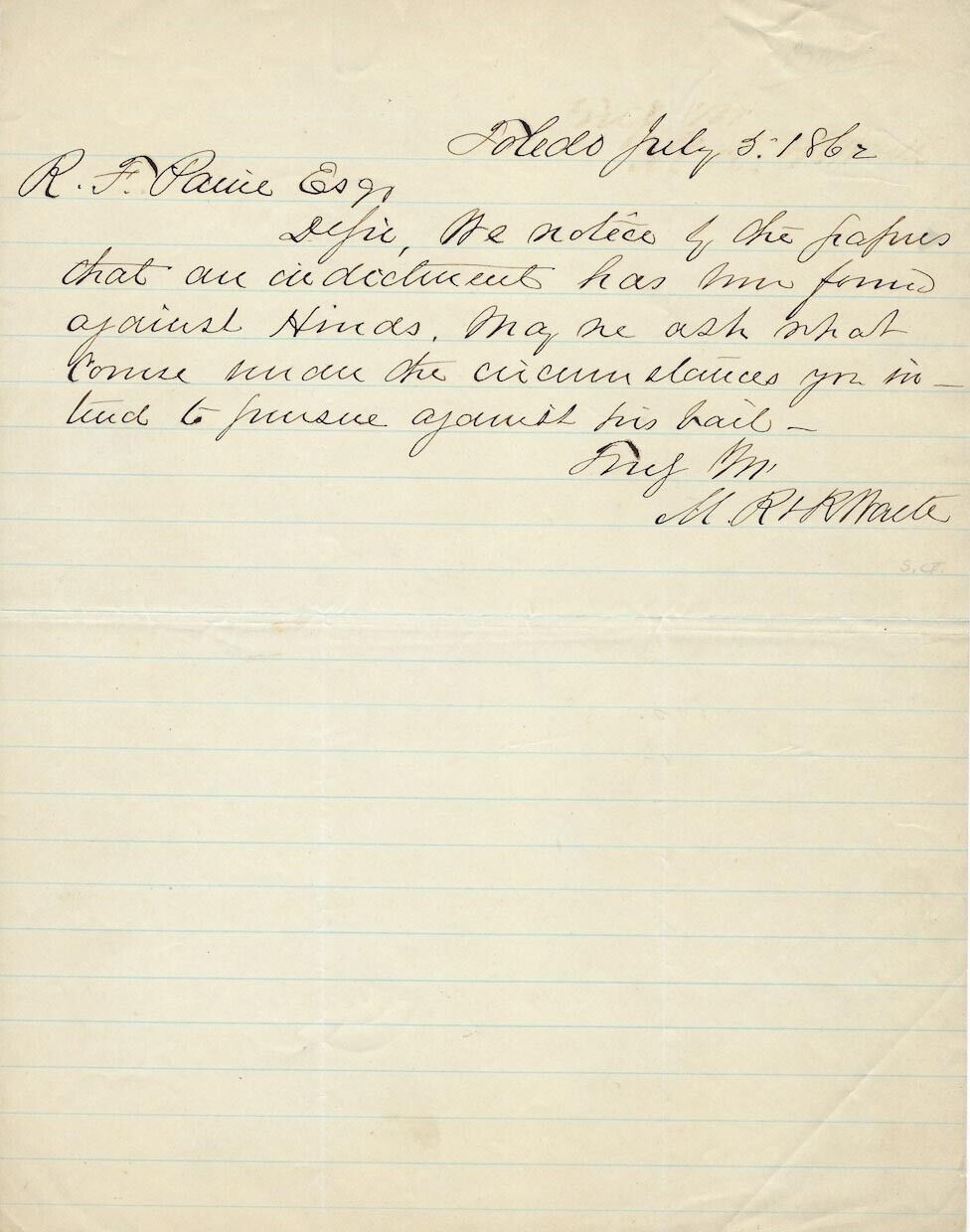 Chief Justice Morrison Waite handwritten letter 1862 re indictment & bail