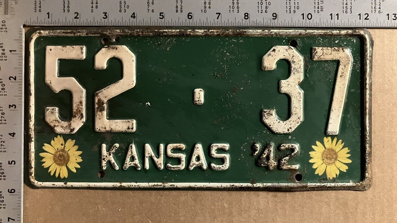 1942 Kansas license plate 52-37 Anderson lovely original LOW NUMBER 11231