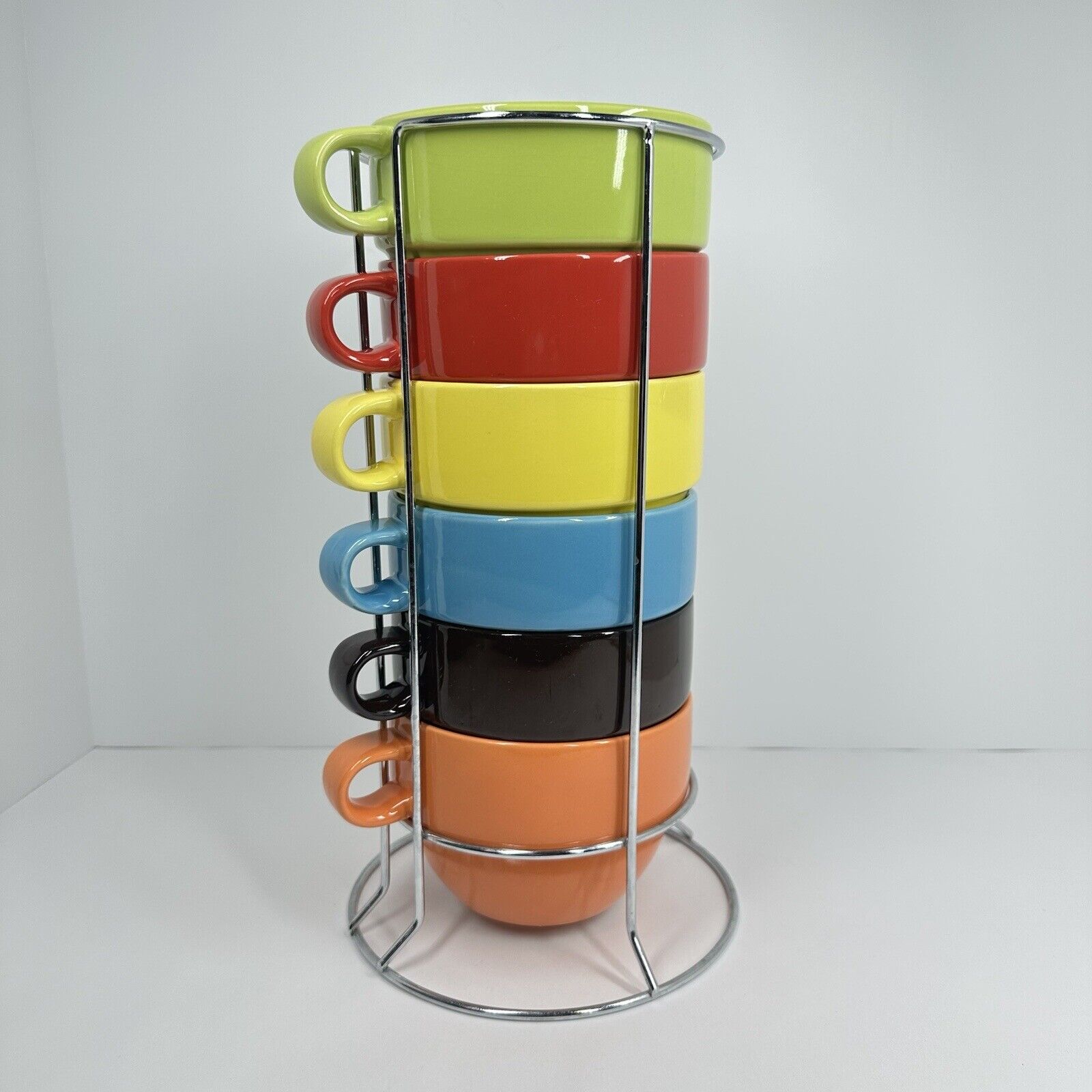Pier 1 RAINBOW 6 Stoneware Stacking Coffe Cups in Chrome Wire Metal Rack